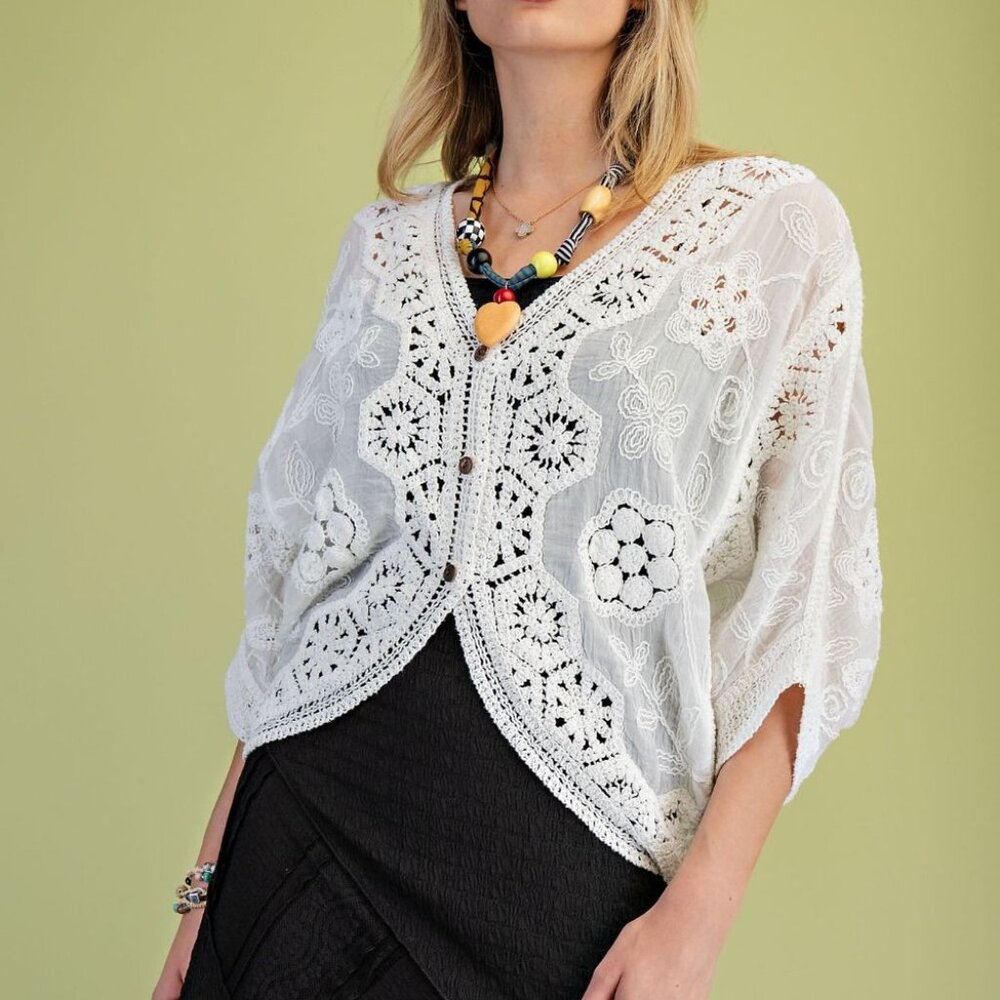 E19 Easel Dolman Sleeve Crochet Mix Button Front Cardigan Duster